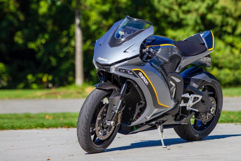 Gray Damon Motorcycles Hypersport Premier parked outdoors.