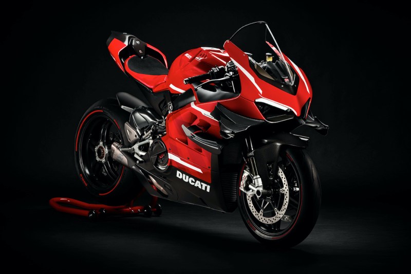 Shiny Red 2020 Ducati Superleggera V4 on black background.