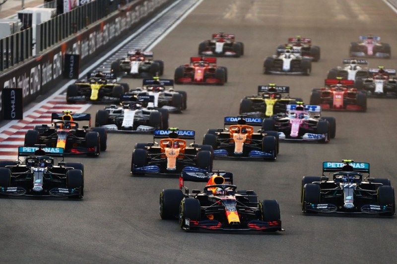 Cars on the track during the Formula One Abu Dhabi 2020 Grand Prix.