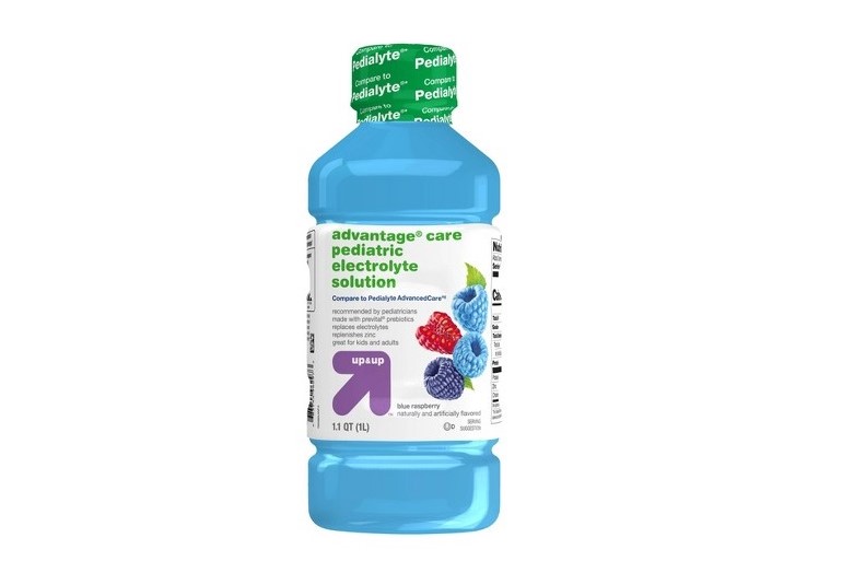 A sealed bottle of Advantage Care Electrolyte Solution on white background.