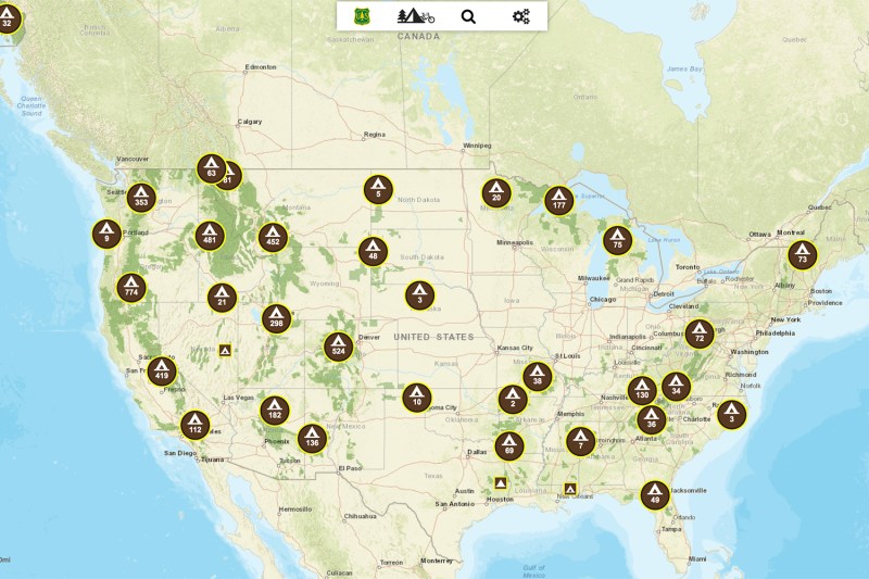 Map of dispersed campsites on National Forest land in the United States.