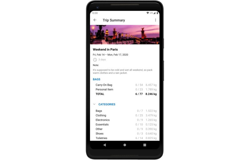 Screenshot of OneBag Travel Packing List App.