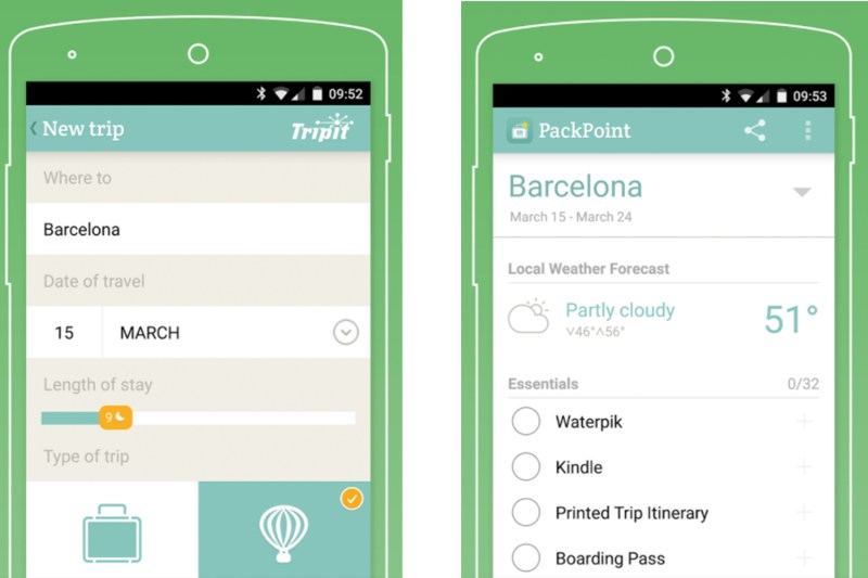 Screenshot of PackPoint travel packing app.