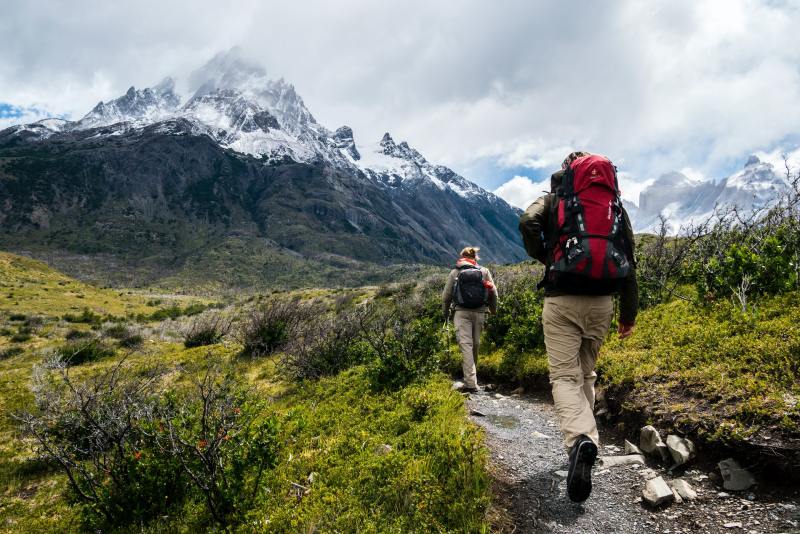 Two hikers trekking a lush green trail with snow-capped mountains in the background.