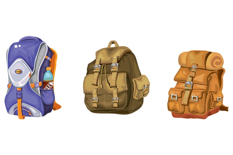 Illustration of three kinds of roll-top backpacks.