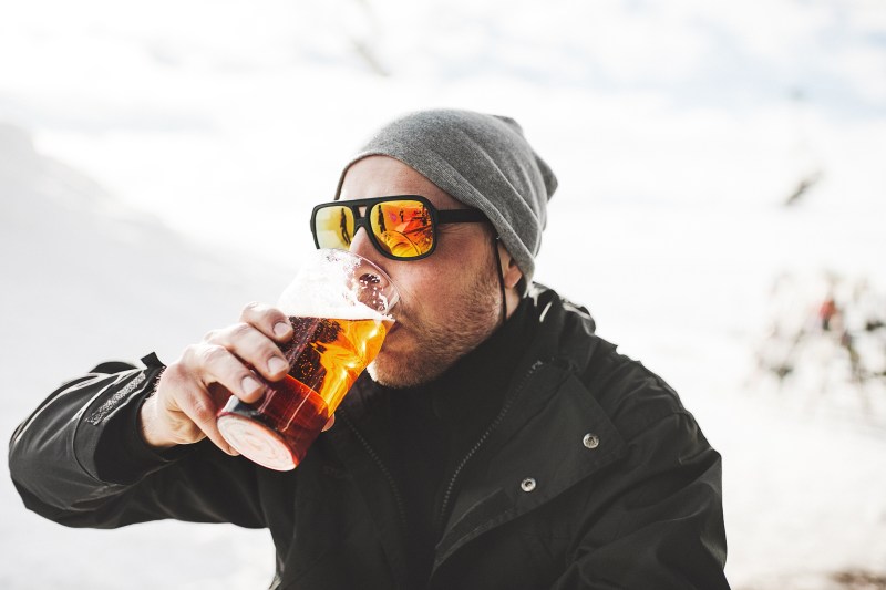 Drinking a beer at after skiing
