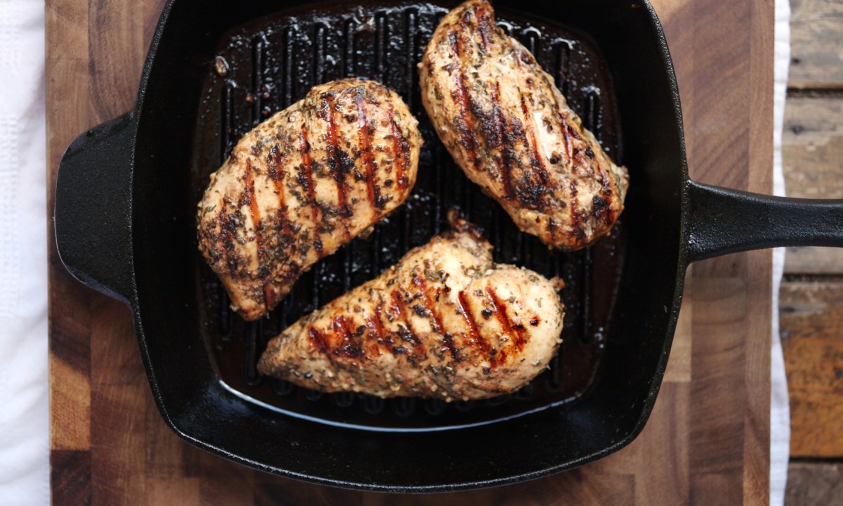 Healthy eating: grilled skinless, boneless chicken breasts in a cast iron grilling pan.