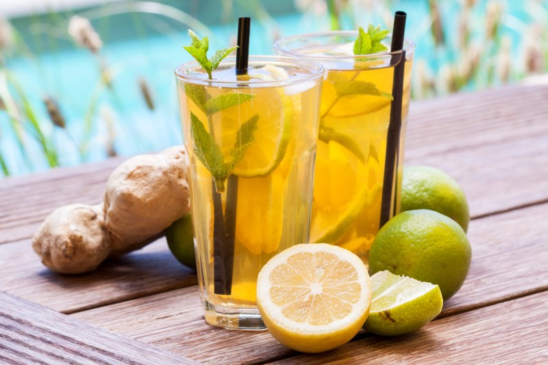 Homemade iced tea, lemonade with fresh ginger, lemon, lime and mint