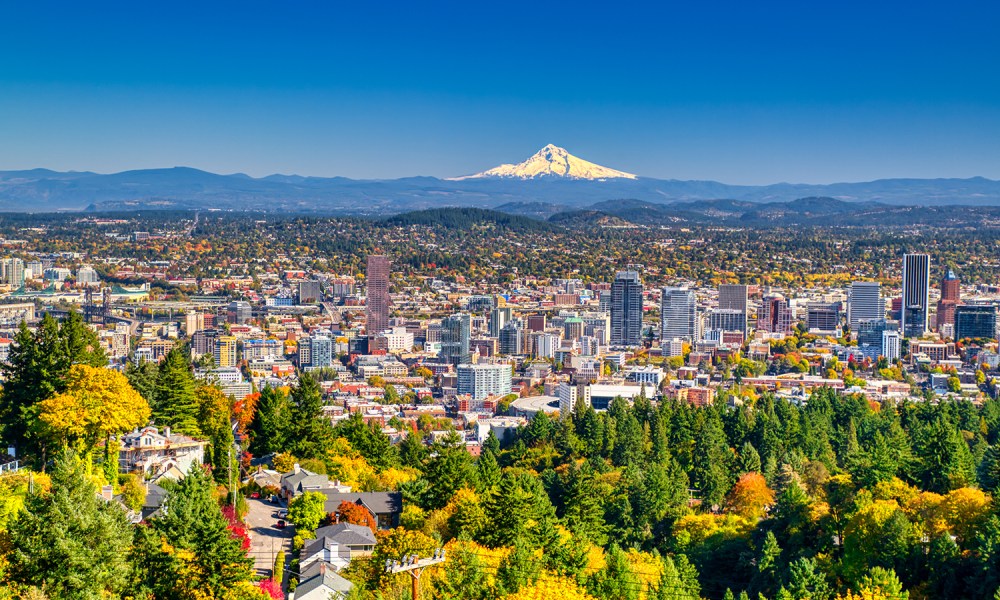 View of the mountains and skyline of Portland, Oregon