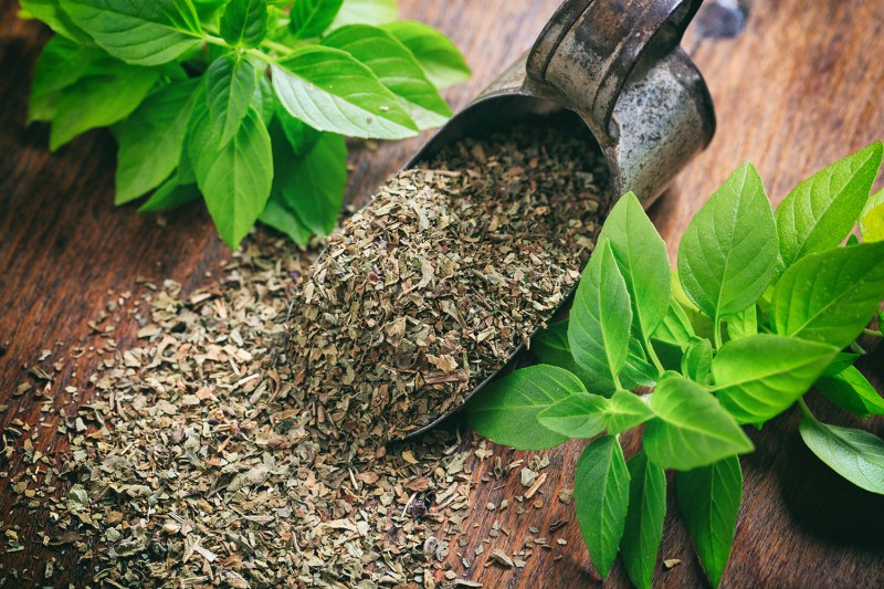 Fresh and dried basil on a wooden surface