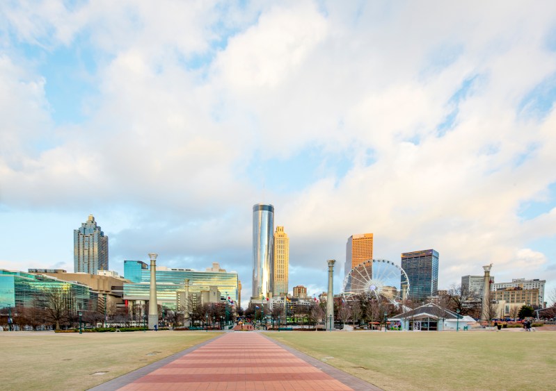 Wide shot of Centennial Park in Atlanta.