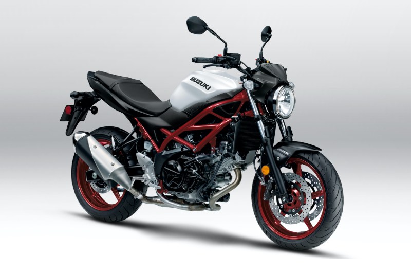Front side profile of a Suzuki SV650 in a white backdrop.