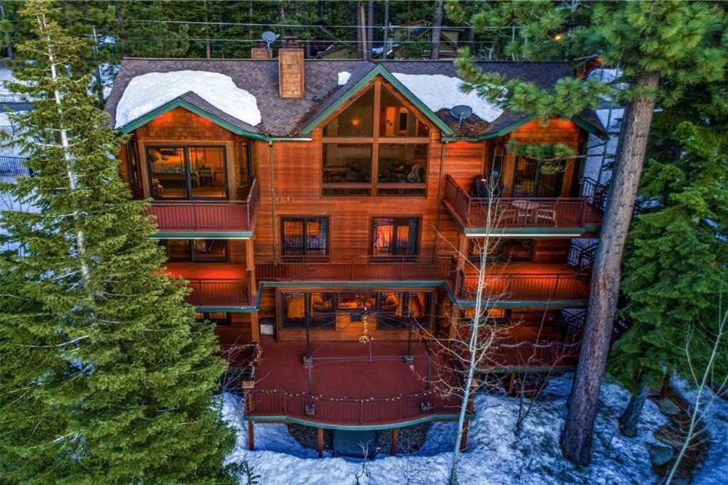 Front aerial view of Tahoe Crestview Lodge Home in Lake Tahoe.