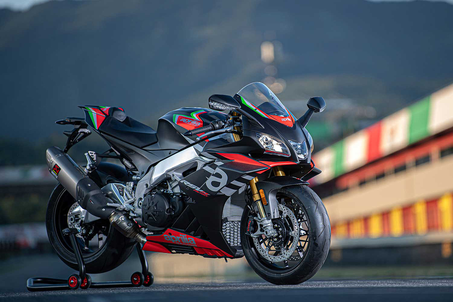 Black 2020 Aprilia RSV4 1100 Factory's creative shot.