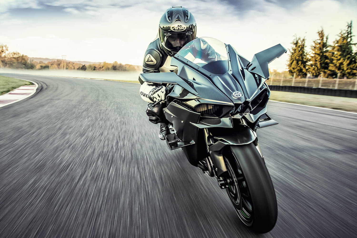 Shiny 2021 Kawasaki Ninja H2R on the road.