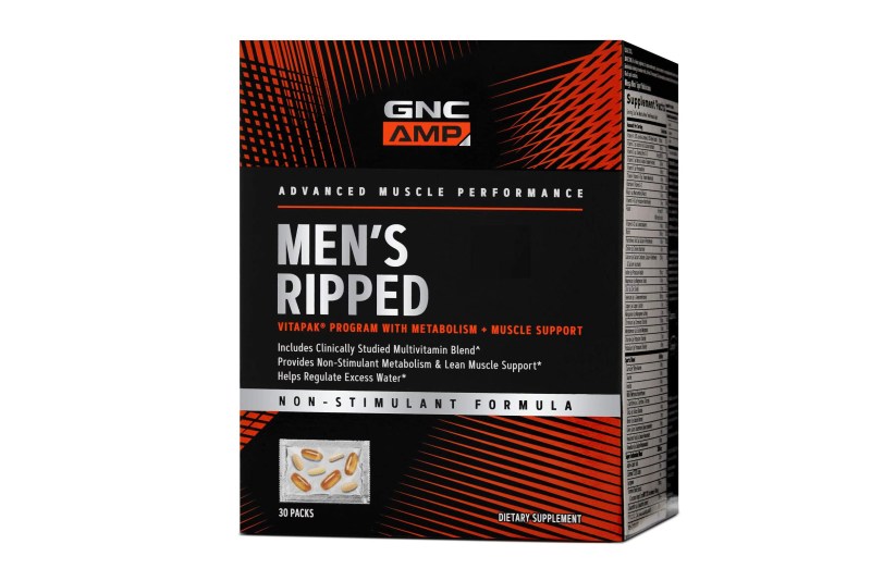 A box of GNC brand AMP Men's Ripped Multivitamin Multipacks.