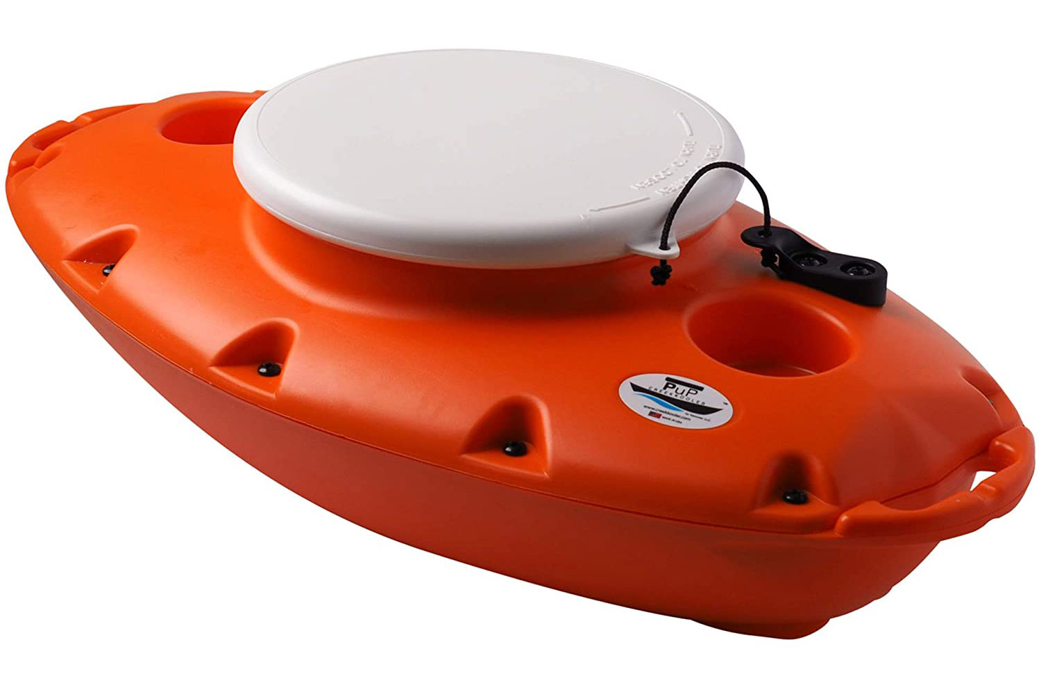 Orange, 30 Quart CreekKooler floating cooler, isolated on a plain white background.