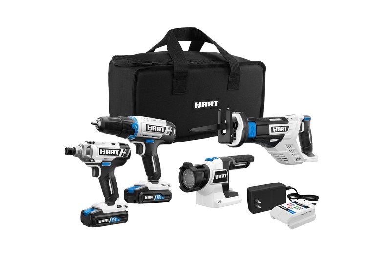 The Hart 20V Cordless 4-Tool Combo Set with a black storage bag. 