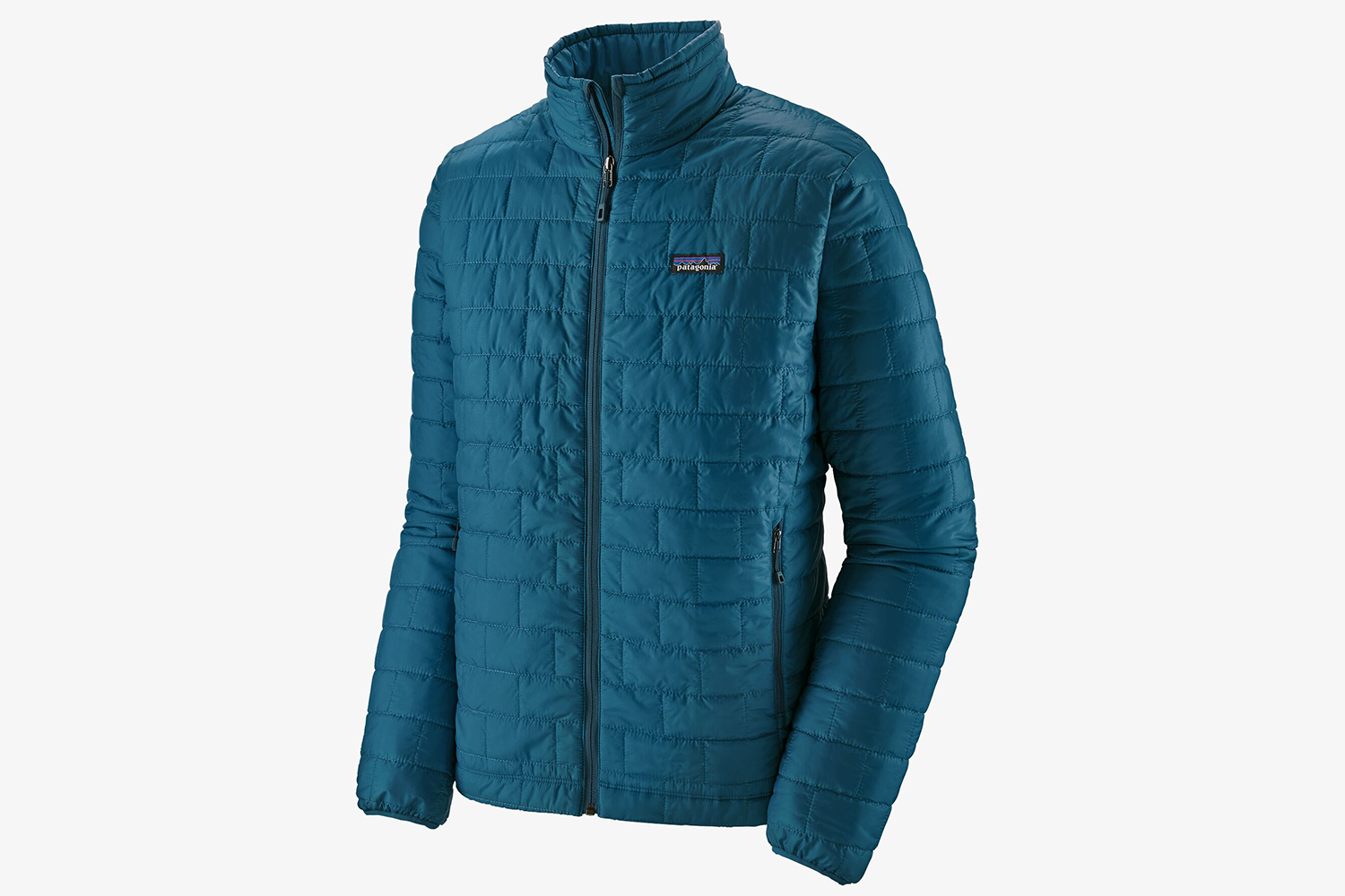 A blue Patagonia primaloft mid layer on a white background.