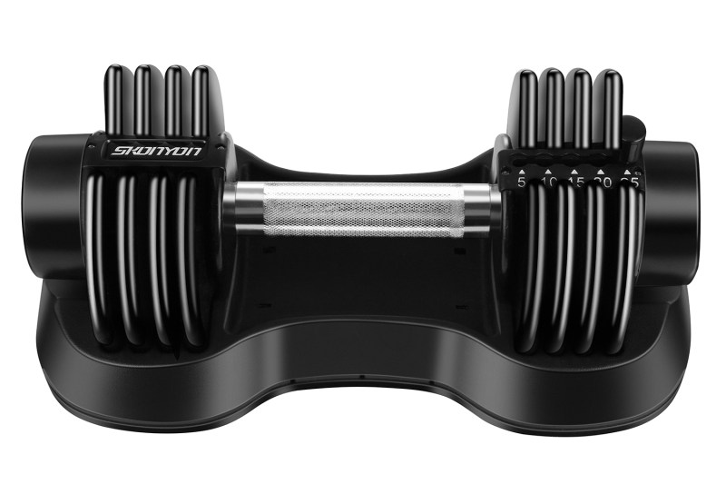 Skonyon adjustable dumbbell with 5, 10, 15, 20, and 25 pound increments. 