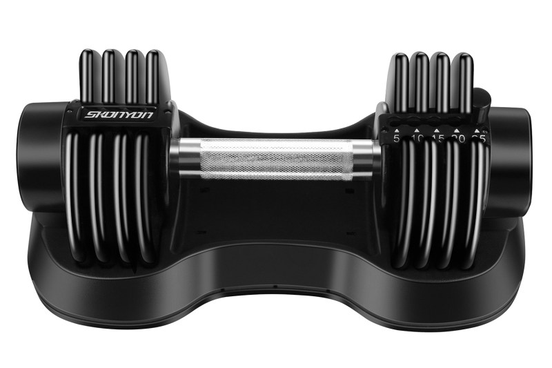 Skonyon adjustable dumbbell with 5, 10, 15, 20, and 25 pound increments.
