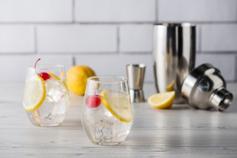 Fresh home made Tom Collins cocktails with lemon