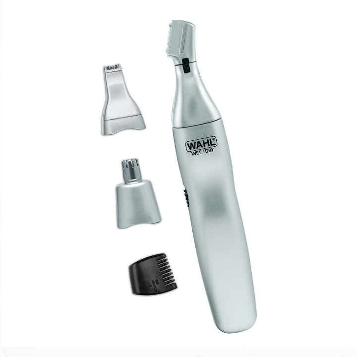A Wahl’s Ear, Nose, and Brow 3-in-1 Personal Trimmer handle with three interchangeable tips.