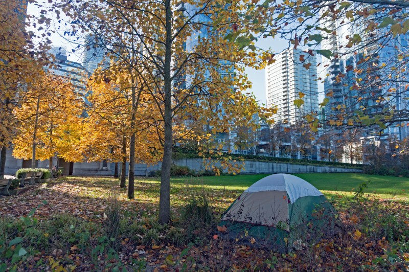 A tent is set up among trees sporing fall foliage at the edge of a green space in a city.