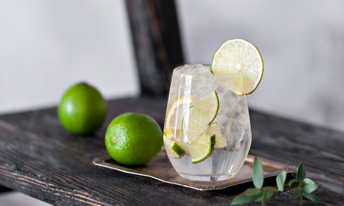Cold cocktail with lime, lemon, tonic, vodka and ice on vintage background