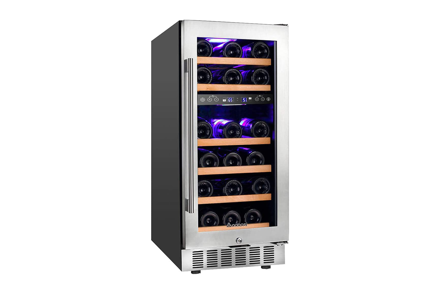 Bottles of alcohol drinks in the Aobosi 28-Bottle Dual-Zone Wine Cooler.