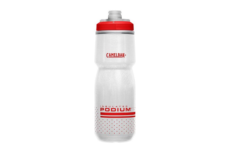 A CamelBak Podium Big Chill Insulated Water Bottle in Fiery Red/White variant.
