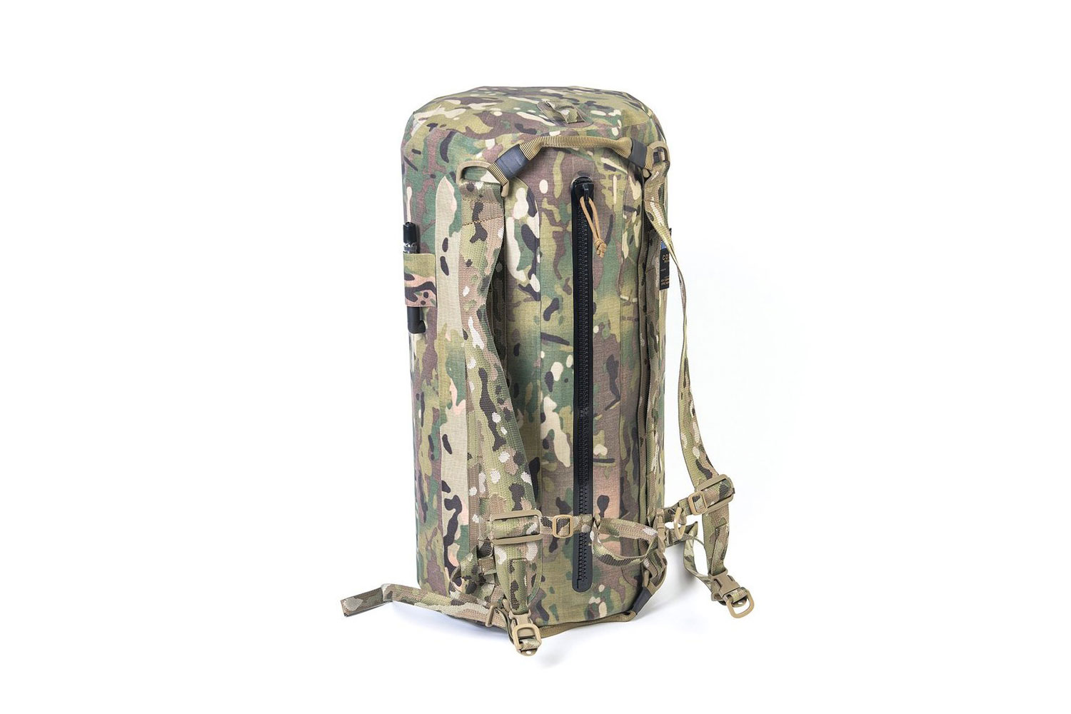 A camouflage Colfax Design Works Project T.O.A.D. Drybag on a white background.