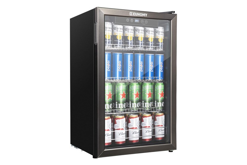 Soda and alcoholic beers stored in the Euhomy 120-Can Beverage Refrigerator and Cooler.