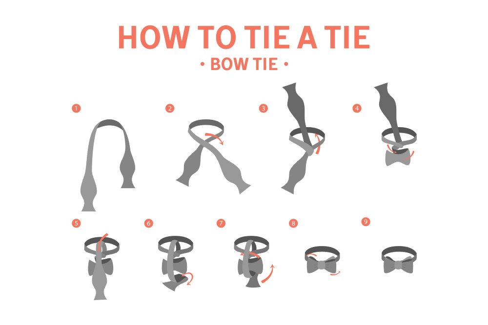 Step-by-step illustration on how to tie a bow tie.