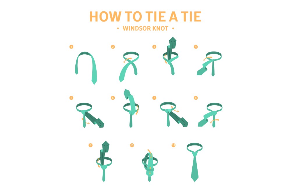 Step-by-step illustration on how to tie a Windsor knot.