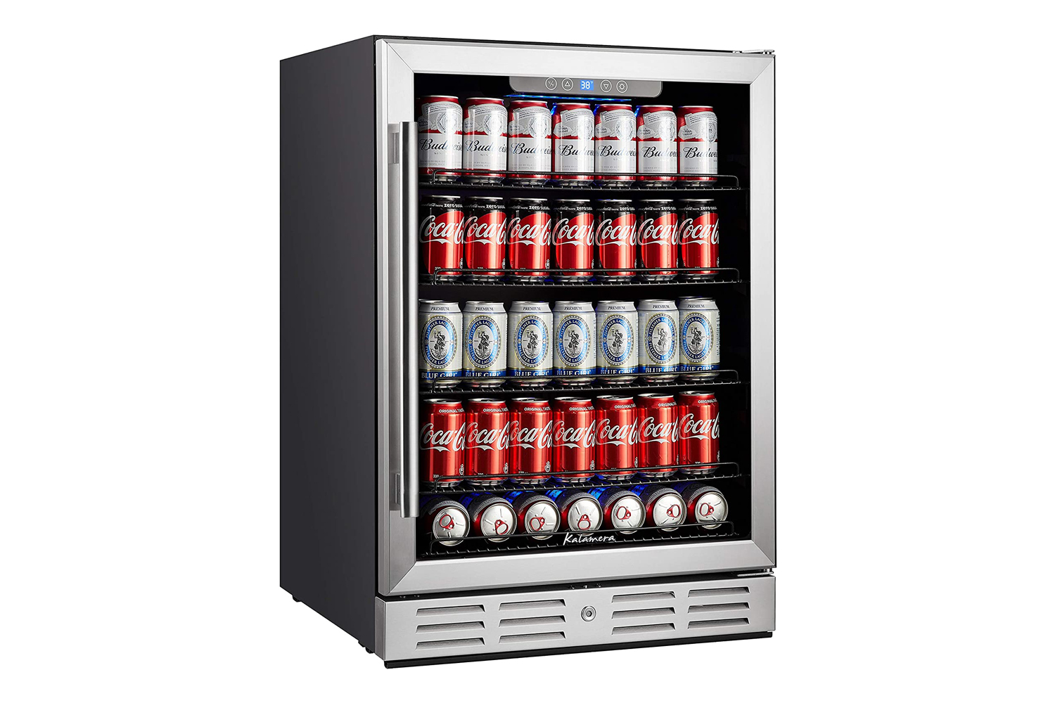 Cans of soda and beer inside the Kalamera 175-Can Beverage Cooler.