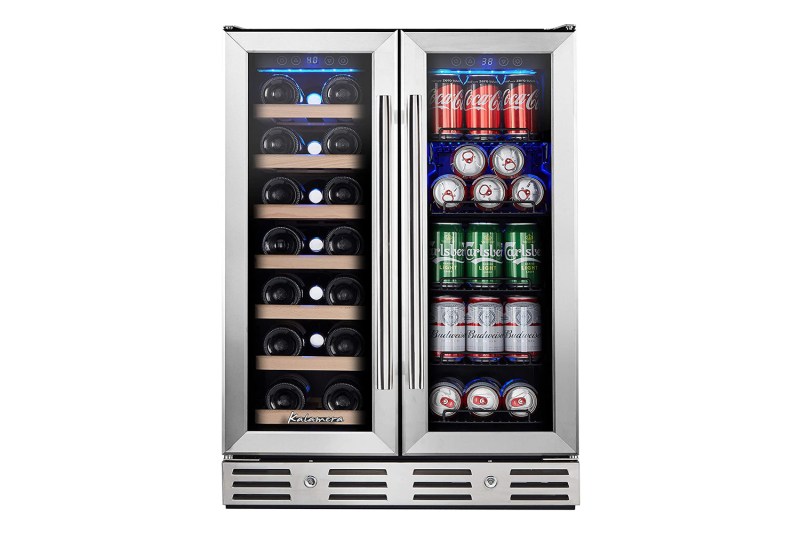 Beer bottles and soda cans stored in the Kalamera 24-Inch Dual-Zone Beverage and Wine Cooler .