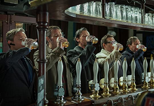 The World's End (2013) movie poster of main cast drinking beer at bar.
