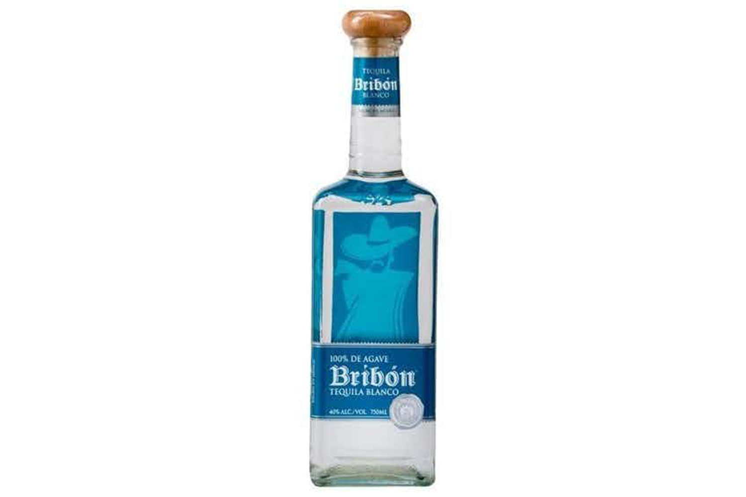 Bribon Blanco Tequila bottle on white background.