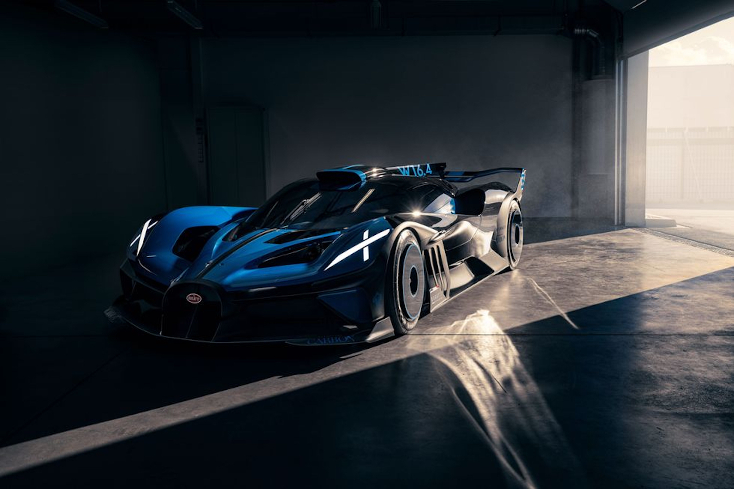 Bugatti Bolide Concept in garage front left corner.