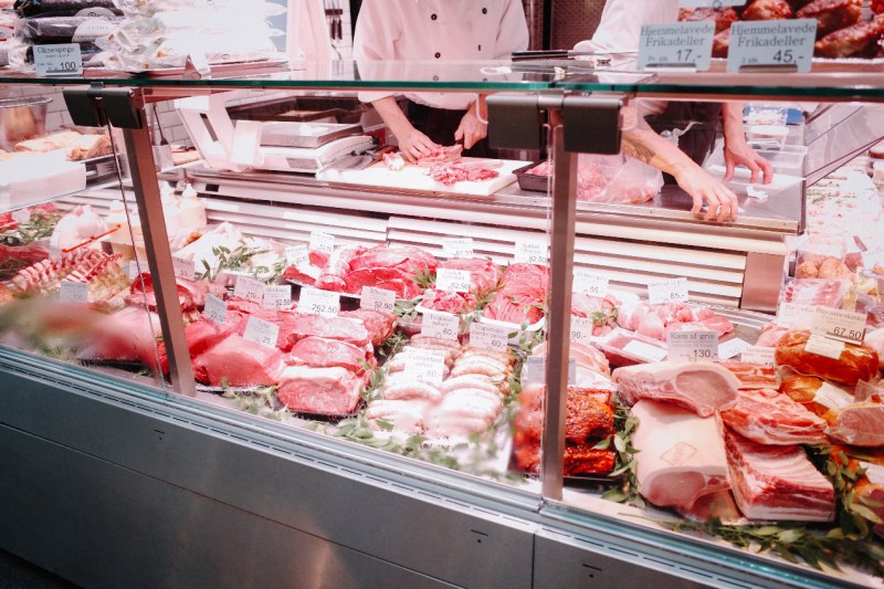 Butcher shop counter in Denmark.