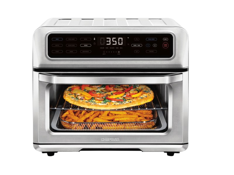 Chefman Toast-Air Dual-Function 20L Air Fryer full of cooking food on white background.