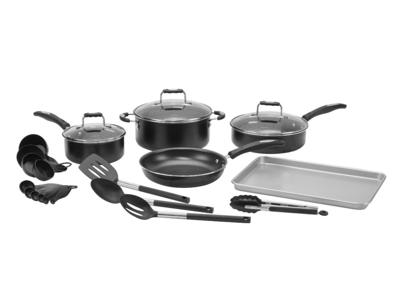 Cuisinart 22-piece cookware set displayed on white background.