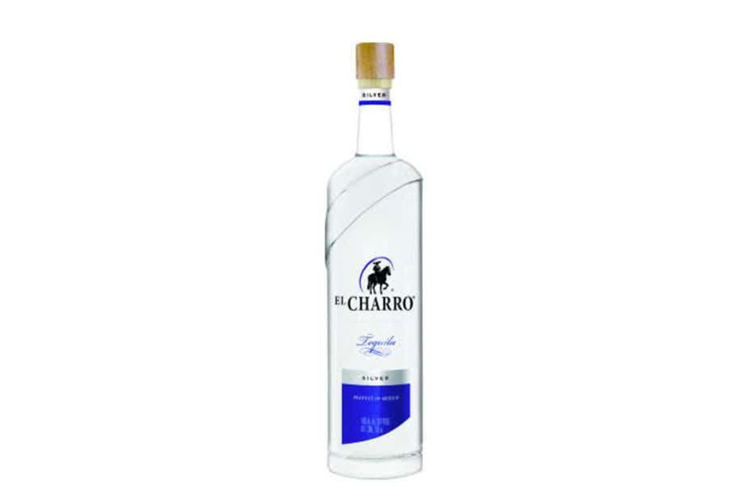 El Charro Tequila silver bottle on white background.