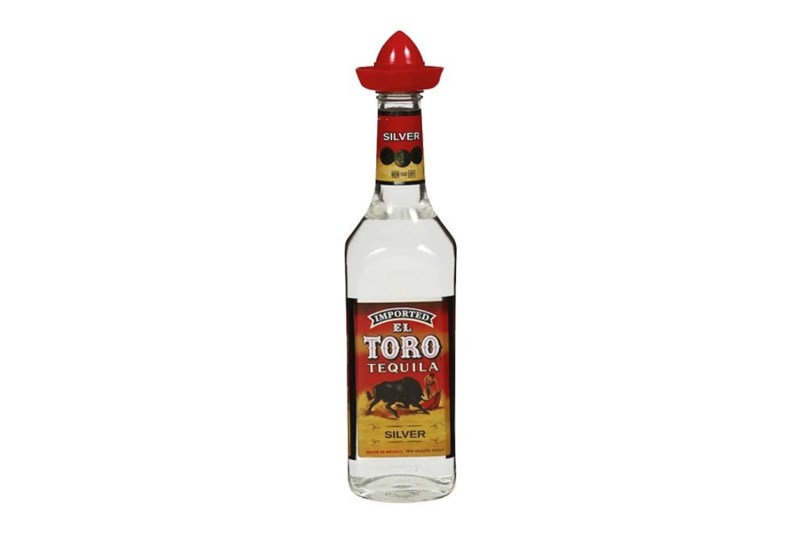 El Toro Tequila silver bottle on white background.