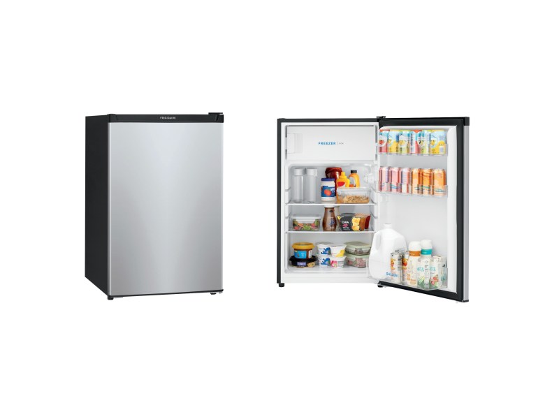 Frigidaire 4.5 cu ft mini fridge front view and open with food samples.