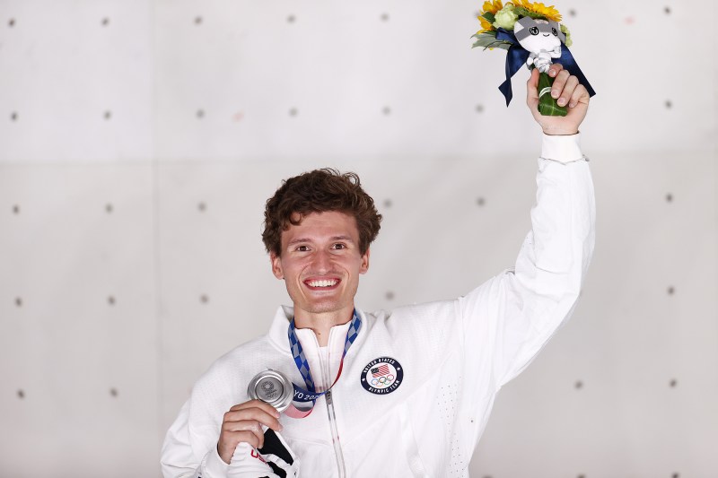 Nathaniel Coleman of Team United States of America poses with the silver medal for Sport Climbing Men's Combined after the Sport Climbing Men's Combined Final on day thirteen of the Tokyo 2020 Olympic Games at Aomi Urban Sports Park on August 05, 2021 in Tokyo, Japan.