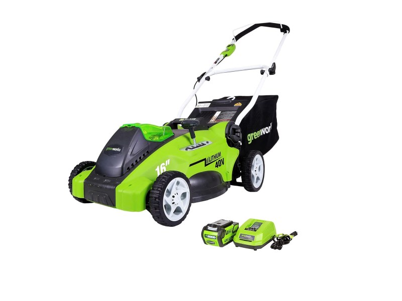 Greenworks 40V Push Start Electric Lawn Mower with Accessories on white background.