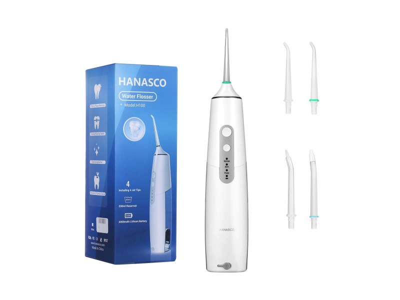 Hanasco cordless water flosser with jet tip attachements visible.