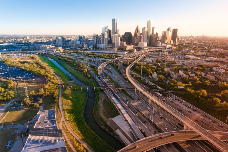 Aerial view of the busy highways of Houston, Texas.